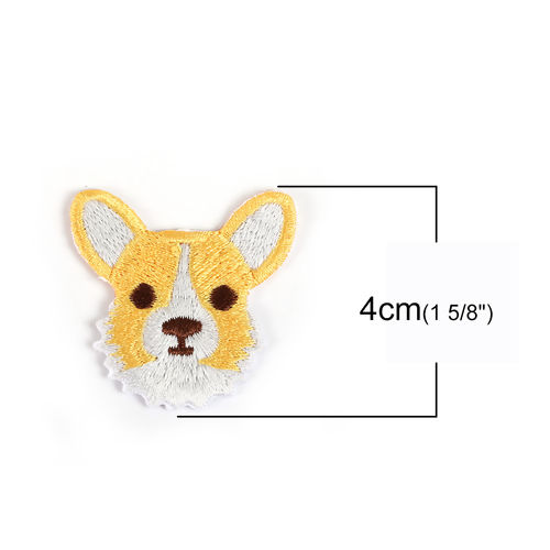 Picture of Polyester Iron On Embroidered Patches (With Glue Back) Craft Corrci Dog Yellow 40mm(1 5/8") x 37mm(1 4/8"), 1 Piece