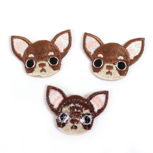 Picture of Polyester Iron On Embroidered Patches (With Glue Back) Craft Chihuahua Dog Brown 39mm(1 4/8") x 32mm(1 2/8"), 1 Piece