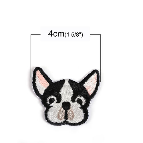 Picture of Polyester Iron On Embroidered Patches (With Glue Back) Craft Bulldog Animal Black 40mm(1 5/8") x 34mm(1 3/8"), 1 Piece
