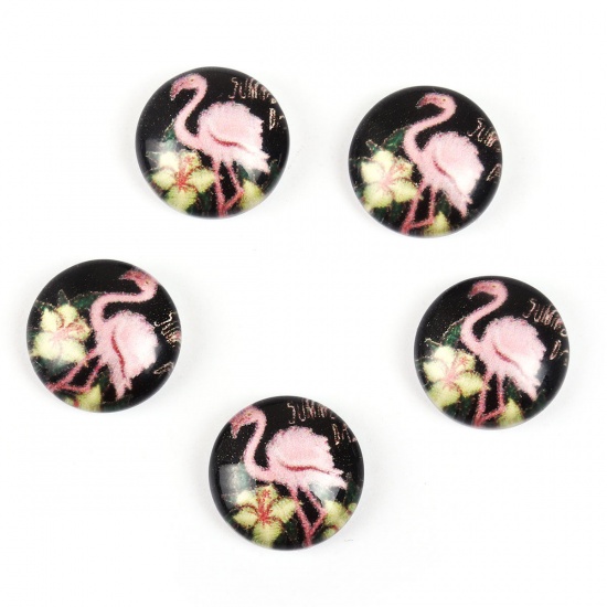 Picture of Glass Dome Seals Cabochon Round Flatback Light Blue & Pink Flamingo Pattern 12mm( 4/8") Dia, 10 PCs