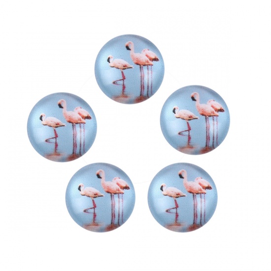 Picture of Glass Dome Seals Cabochon Round Flatback Light Blue & Pink Flamingo Pattern 12mm( 4/8") Dia, 10 PCs