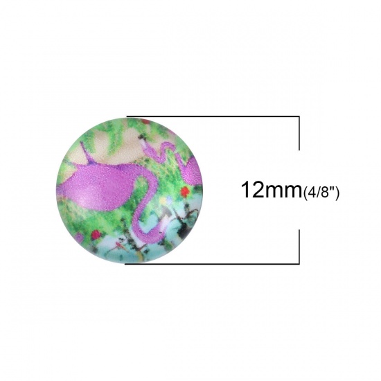 Picture of Glass Dome Seals Cabochon Round Flatback Light Blue & Pink Flamingo Pattern 12mm( 4/8") Dia, 10 PCs