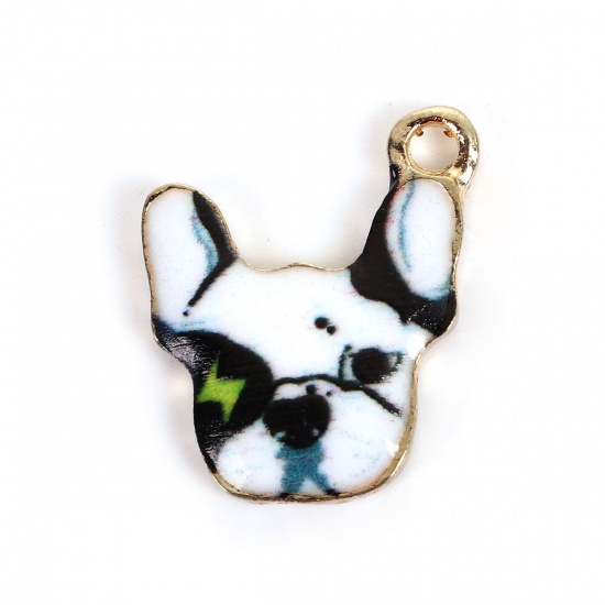 Picture of Zinc Based Alloy Charms Bulldog Dog Animal Gold Plated Black & White Enamel 18mm( 6/8") x 15mm( 5/8"), 5 PCs