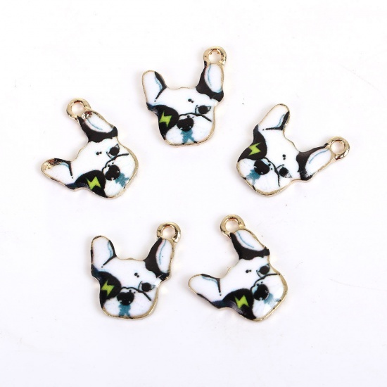 Picture of Zinc Based Alloy Charms Bulldog Dog Animal Gold Plated Black & White Enamel 18mm( 6/8") x 15mm( 5/8"), 5 PCs