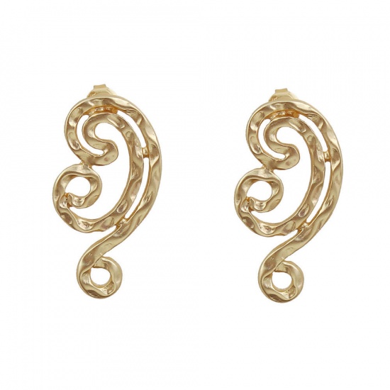 Picture of Zinc Based Alloy Boho Chic Ethnic Style Ear Post Stud Earrings Findings Irregular Matt Gold W/ Loop 28mm x 15mm, Post/ Wire Size: (20 gauge), 2 Pairs