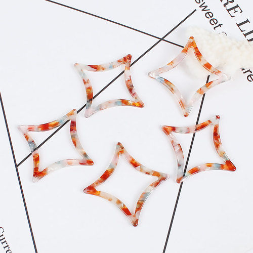 Picture of Acetic Acid Resin Acetate Acrylic Acetimar Marble Pendants Rhombus Orange-red 47mm x 47mm, 5 PCs