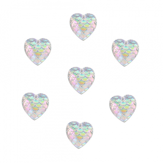 Picture of Resin Mermaid Fish/ Dragon Scale Dome Seals Cabochon Heart Silver 12mm( 4/8") x 12mm( 4/8"), 100 PCs