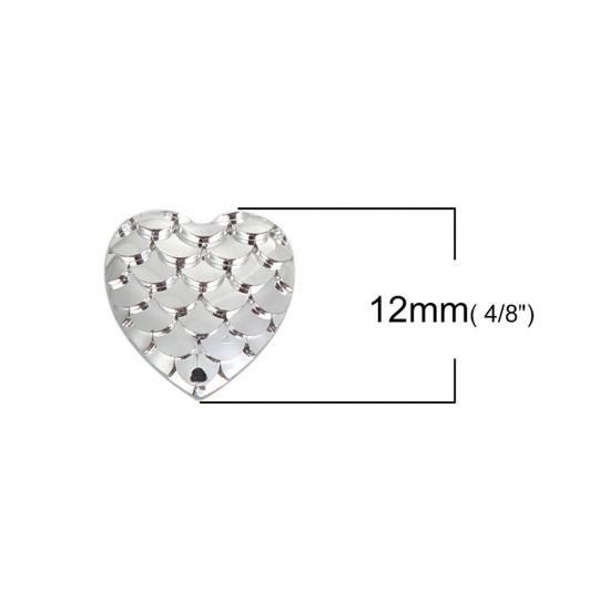 Picture of Resin Mermaid Fish/ Dragon Scale Dome Seals Cabochon Heart Silver 12mm( 4/8") x 12mm( 4/8"), 100 PCs