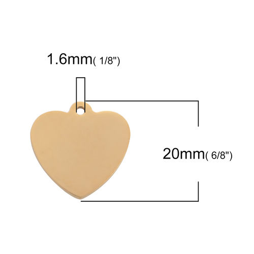 Picture of 3 PCs Stainless Steel Blank Stamping Tags Charms Heart Gold Plated Double-sided Polishing 20mm x 20mm