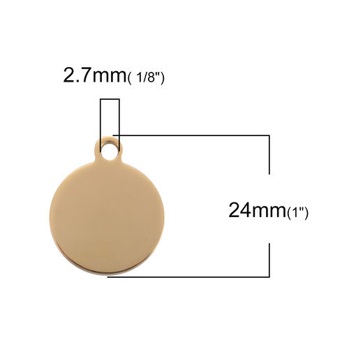 Picture of Stainless Steel Blank Stamping Tags Charms Round Gold Plated Double-sided Polishing 24mm x 20mm, 3 PCs