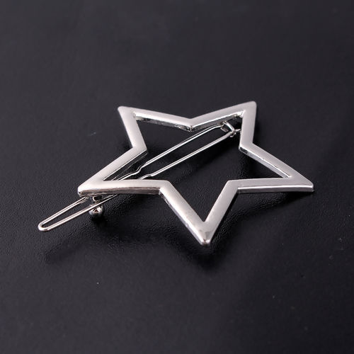 Picture of Hair Clips Findings Pentagram Star Silver Tone 59mm x 46mm, 2 PCs