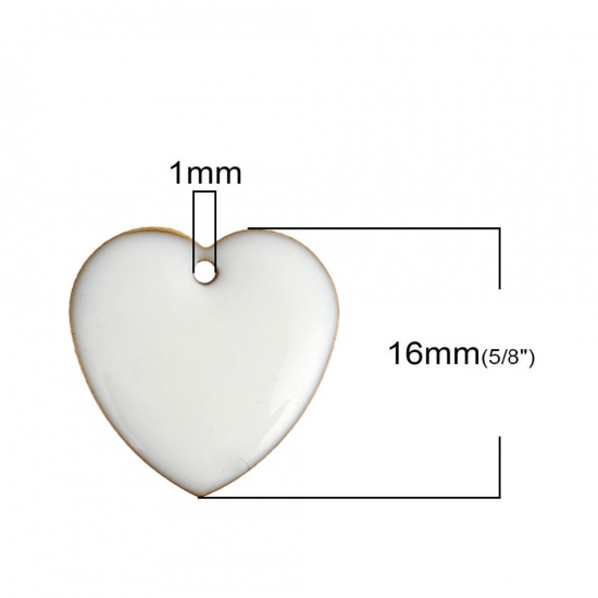 Picture of Brass Enamelled Sequins Charms Heart Unplated White Enamel 16mm( 5/8") x 16mm( 5/8"), 10 PCs                                                                                                                                                                  