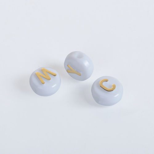 Picture of Acrylic Beads Round White & Gold At Random Initial Alphabet/ Letter Pattern About 10mm Dia, Hole: Approx 2.1mm, 200 PCs