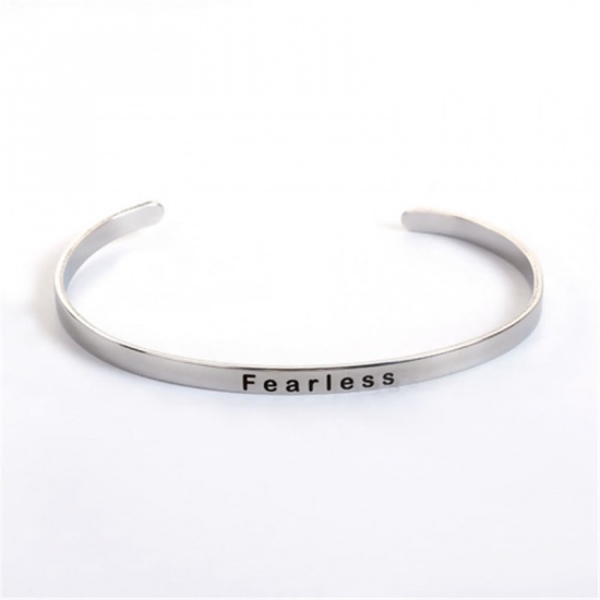 Picture of Stainless Steel Positive Quotes Energy Open Cuff Bangles Bracelets Silver Tone Message " Choose Joy " 16.7cm(6 5/8") long, 1 Piece