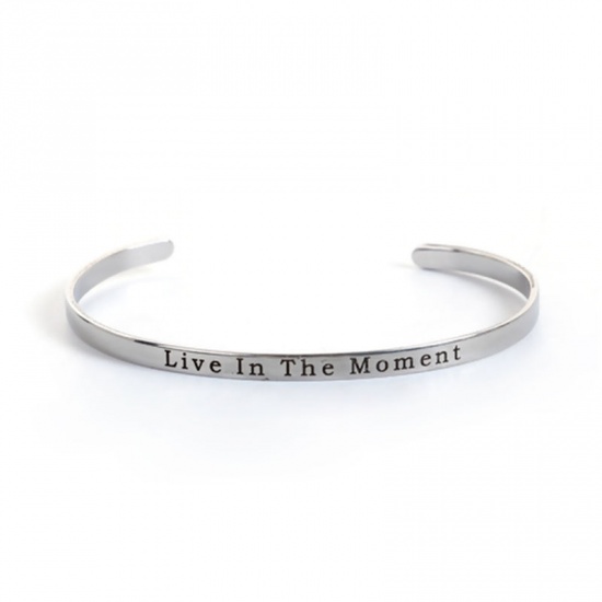 Picture of Stainless Steel Positive Quotes Energy Open Cuff Bangles Bracelets Silver Tone Message " Choose Joy " 16.7cm(6 5/8") long, 1 Piece
