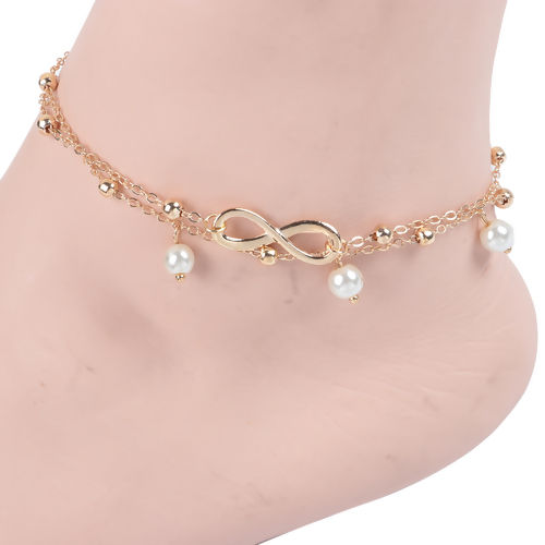 Picture of Boho Chic Double Layered Anklet Gold Plated White Infinity Symbol Imitation Pearl 22.3cm(8 6/8") long, 1 Piece