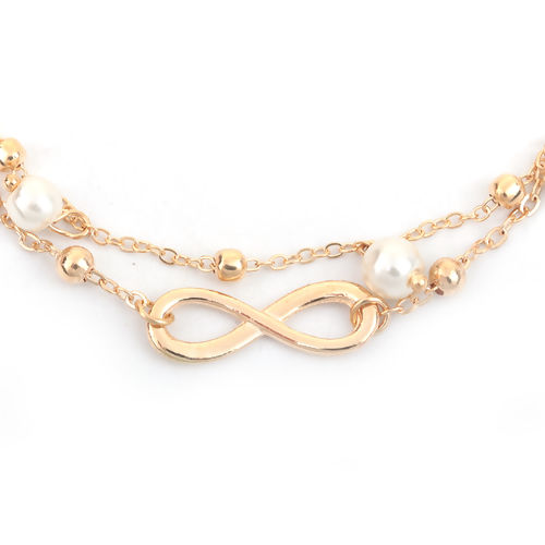 Picture of Boho Chic Double Layered Anklet Gold Plated White Infinity Symbol Imitation Pearl 22.3cm(8 6/8") long, 1 Piece
