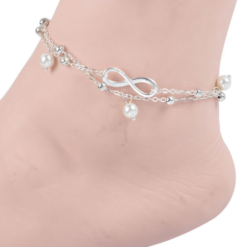 Picture of Boho Chic Double Layered Anklet Silver Plated Infinity Symbol Imitation Pearl 22.3cm(8 6/8") long, 1 Piece