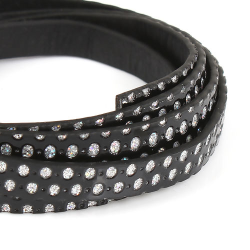 Picture of PU Leather Jewelry Cord Rope Black Glitter 10mm( 3/8"), 3 PCs (Approx 120cm - 95cm/PC)