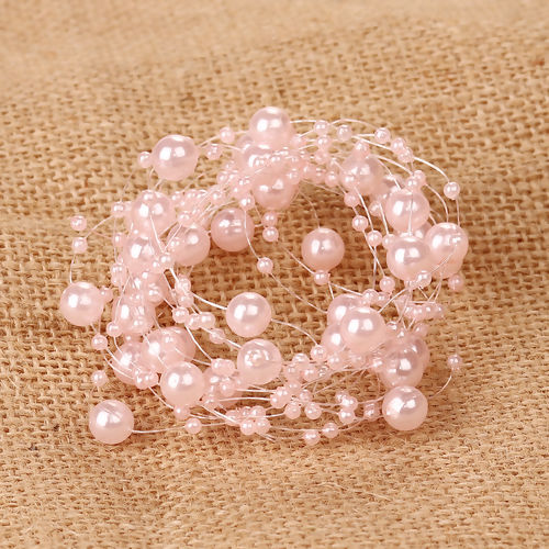 Picture of Acrylic Jewelry Cord Rope Light Pink Imitation Pearl 132cm(52"), 10 PCs