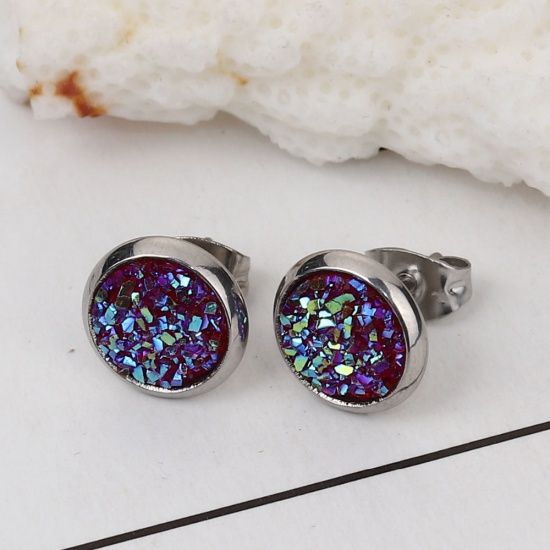 Picture of 304 Stainless Steel Druzy/ Drusy Ear Post Stud Earrings Silver Tone Fuchsia Round AB Color 10mm( 3/8") Dia., Post/ Wire Size: (19 gauge), 2 Pairs”