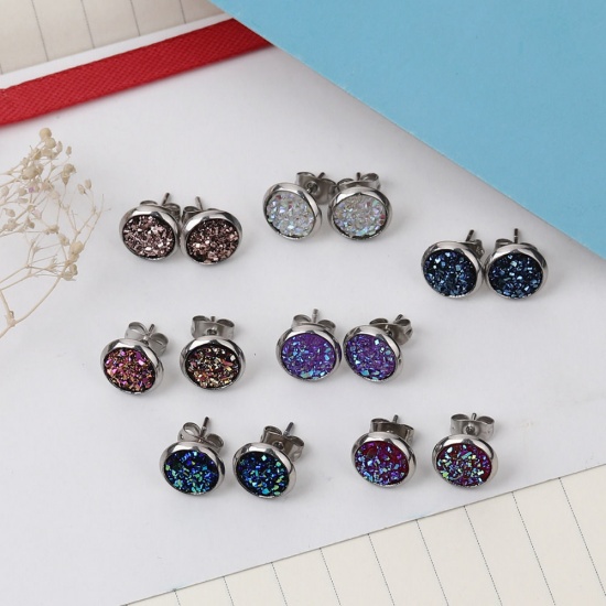 Picture of 304 Stainless Steel Druzy/ Drusy Ear Post Stud Earrings Silver Tone Red Round AB Color 10mm( 3/8") Dia., Post/ Wire Size: (19 gauge), 2 Pairs”