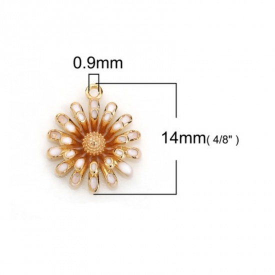 Image de Breloques en Laiton Marguerite Plaqué Or Véritable Blanc Email 14mm x 12mm, 2 Pcs