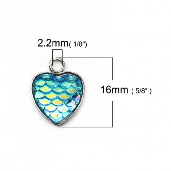 Bild von 304 Edelstahl & Harz Meerjungfrau/Drachen Fischschuppen Charms Stern Silberfarbe Cyan AB Farbe 16mm x 13mm, 10 Stück”
