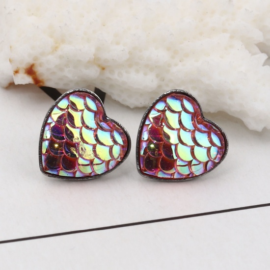 Picture of 304 Stainless Steel & Resin Mermaid Fish/ Dragon Scale Ear Post Stud Earrings Silver Tone Purple Heart AB Color 13mm( 4/8") x 13mm( 4/8"), Post/ Wire Size: (20 gauge), 1 Pair”