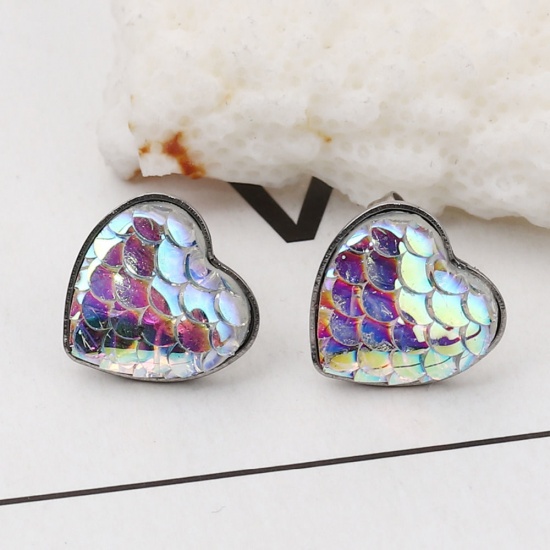 Picture of 304 Stainless Steel & Resin Mermaid Fish/ Dragon Scale Ear Post Stud Earrings Silver Tone Purple Heart AB Color 13mm( 4/8") x 13mm( 4/8"), Post/ Wire Size: (20 gauge), 1 Pair”