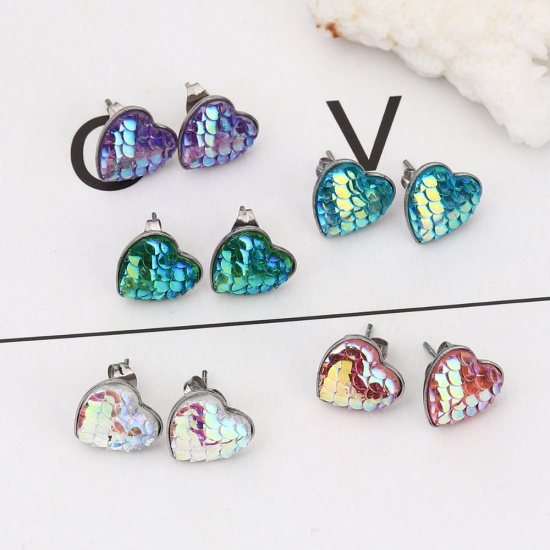 Picture of 304 Stainless Steel & Resin Mermaid Fish/ Dragon Scale Ear Post Stud Earrings Silver Tone Green Blue Heart AB Color 13mm( 4/8") x 13mm( 4/8"), Post/ Wire Size: (20 gauge), 1 Pair”