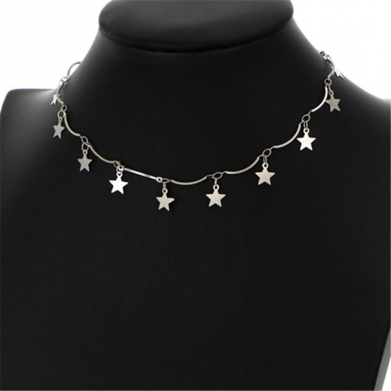 Picture of 1 Piece Brass Galaxy Choker Necklace Silver Tone Arc Star 30cm(11 6/8") long