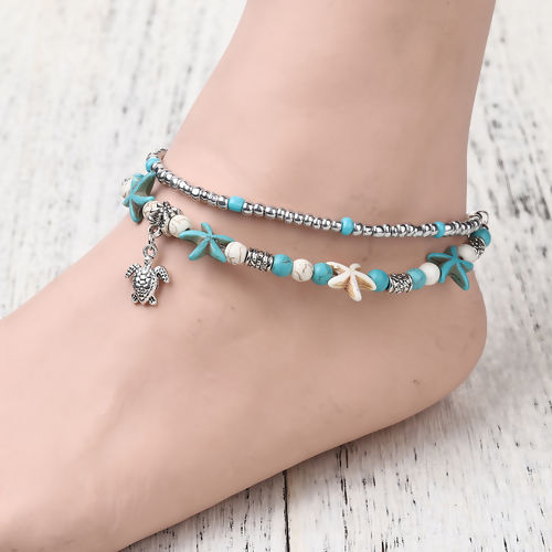Picture of Acrylic Boho Chic Anklet Antique Silver Color Green Blue Sea Turtle Animal Star Fish Imitation Turquoise 24cm(9 4/8") long, 1 Piece