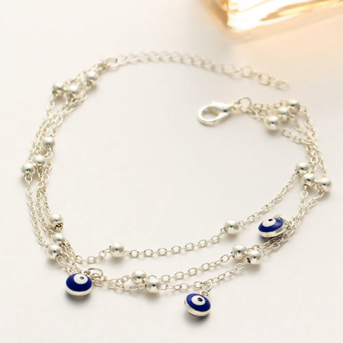 Picture of Boho Chic Multilayer Anklet Silver Plated White & Blue Evil Eye Enamel 22cm(8 5/8") long, 1 Piece