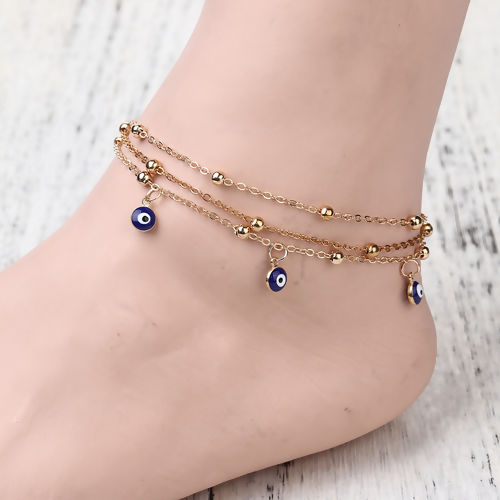 Picture of Boho Chic Multilayer Anklet Gold Plated White & Blue Evil Eye Enamel 22cm(8 5/8") long, 1 Piece