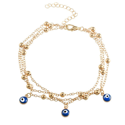 Picture of Boho Chic Multilayer Anklet Gold Plated White & Blue Evil Eye Enamel 22cm(8 5/8") long, 1 Piece