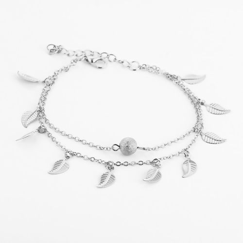 Picture of Boho Chic Double Layers Anklet Silver Plated Leaf Sparkledust 21.5cm(8 4/8") long, 1 Piece