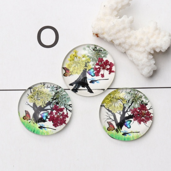 Image de Cabochon Dôme en Verre Rond Dos Plat Violet Fleurs Transparent 30mm Dia, 3 Pcs