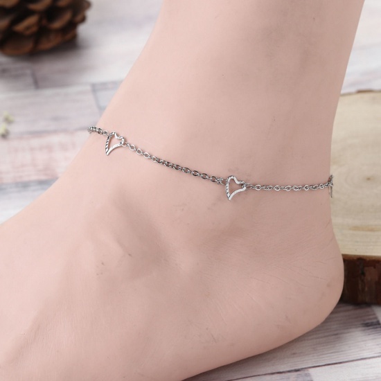 Picture of 304 Stainless Steel Anklet Silver Tone Heart 22.5cm(8 7/8") long, 1 Piece