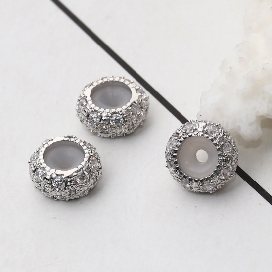 Image de Perles à Fermoir Coulissant en Laiton & Zirconia Cubique Rond Argent Mat à Strass Transparent Avec Noyau de Silicone Ajustable 10mm Dia, Trou: 1.5mm, 1 Pièce