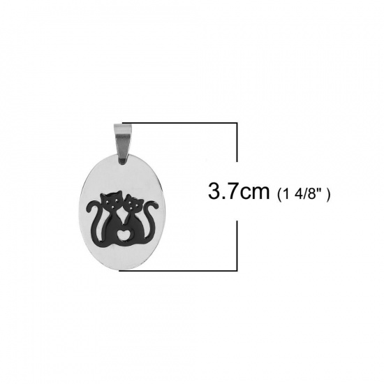 Image de Pendentifs en Acier Inoxydable Ovale Argent Mat Noir Chats Email 37mm x 22mm, 2 Pcs