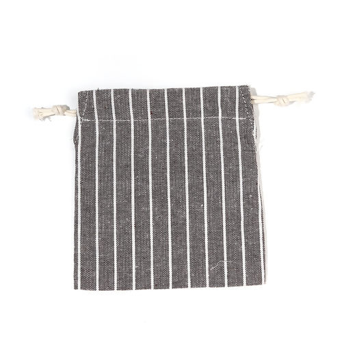 Picture of Cotton & Linen Cloth Drawstring Bags Rectangle Coffee Stripe (Usable Space: Approx 15x14cm-14x12cm) 16cm x15cm(6 2/8" x5 7/8") - 15cm x14cm(5 7/8" x5 4/8"), 2 PCs