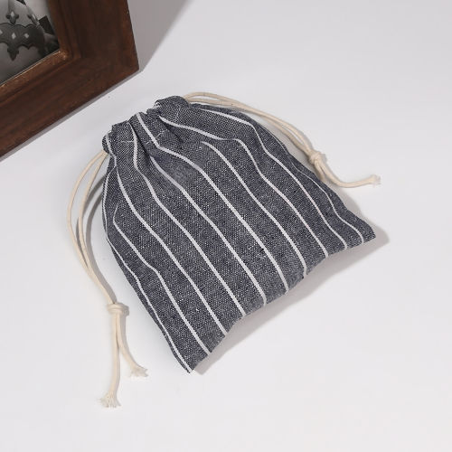 Picture of Cotton & Linen Cloth Drawstring Bags Rectangle Navy Blue Stripe (Usable Space: Approx 15x14cm-14x12cm) 16cm x15cm(6 2/8" x5 7/8") - 15cm x14cm(5 7/8" x5 4/8"), 2 PCs