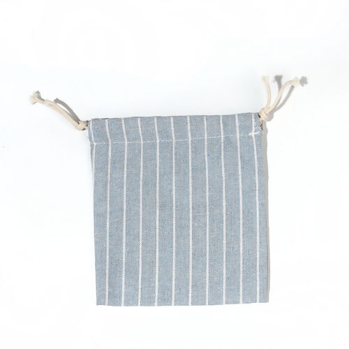 Picture of Cotton & Linen Cloth Drawstring Bags Rectangle Light Blue Stripe (Usable Space: Approx 15x14cm-14x12cm) 16cm x15cm(6 2/8" x5 7/8") - 15cm x14cm(5 7/8" x5 4/8"), 2 PCs