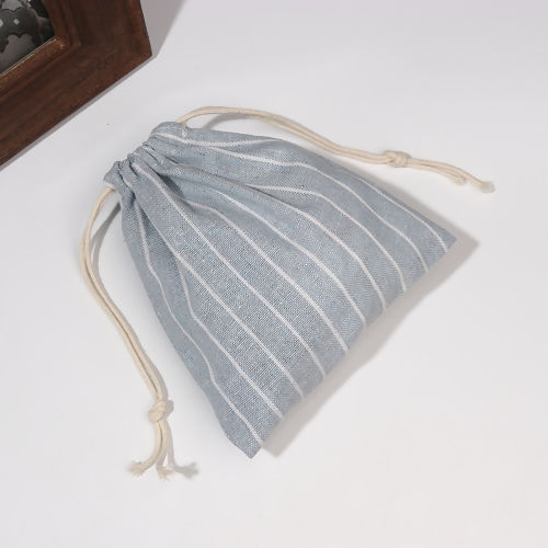 Picture of Cotton & Linen Cloth Drawstring Bags Rectangle Light Blue Stripe (Usable Space: Approx 15x14cm-14x12cm) 16cm x15cm(6 2/8" x5 7/8") - 15cm x14cm(5 7/8" x5 4/8"), 2 PCs