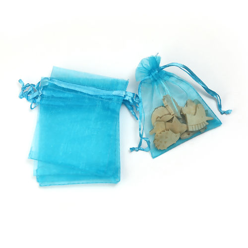 Picture of Wedding Gift Organza Jewelry Bags Drawstring Rectangle Lake Blue (Usable Space: 7x7cm) 9cm(3 4/8") x 7cm(2 6/8"), 50 PCs