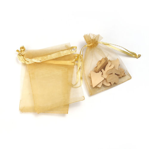 Picture of Wedding Gift Organza Jewelry Bags Drawstring Rectangle Golden (Usable Space: 7x7cm) 9cm(3 4/8") x 7cm(2 6/8"), 50 PCs