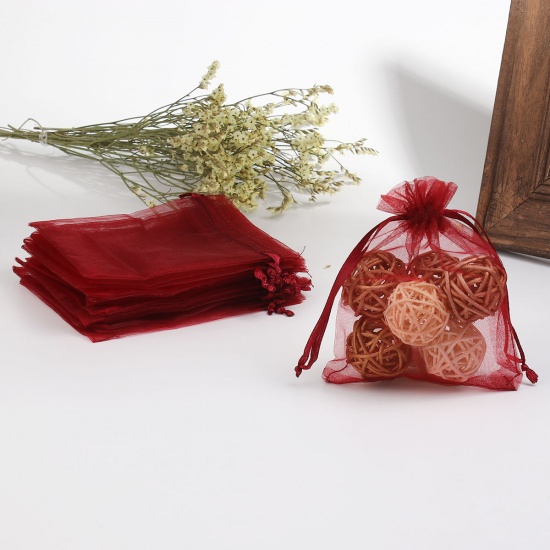 Image de Cadeau de Mariage Sachets en Organza Rectangle Vin Rouge (Espace Utilisable: 9.5x9cm) 12cm x 9cm, 50 Pcs