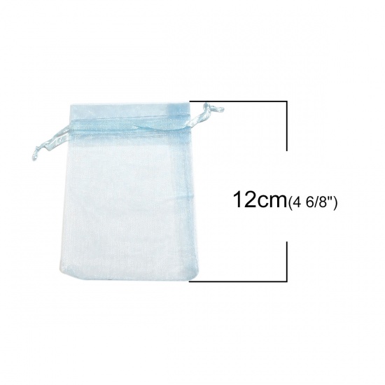 Picture of Wedding Gift Organza Jewelry Bags Drawstring Rectangle Light Blue (Usable Space: 9.5x9cm) 12cm(4 6/8") x 9cm(3 4/8"), 50 PCs