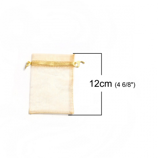 Picture of Wedding Gift Organza Jewelry Bags Drawstring Rectangle Golden (Usable Space: 9.5x9cm) 12cm(4 6/8") x 9cm(3 4/8"), 50 PCs